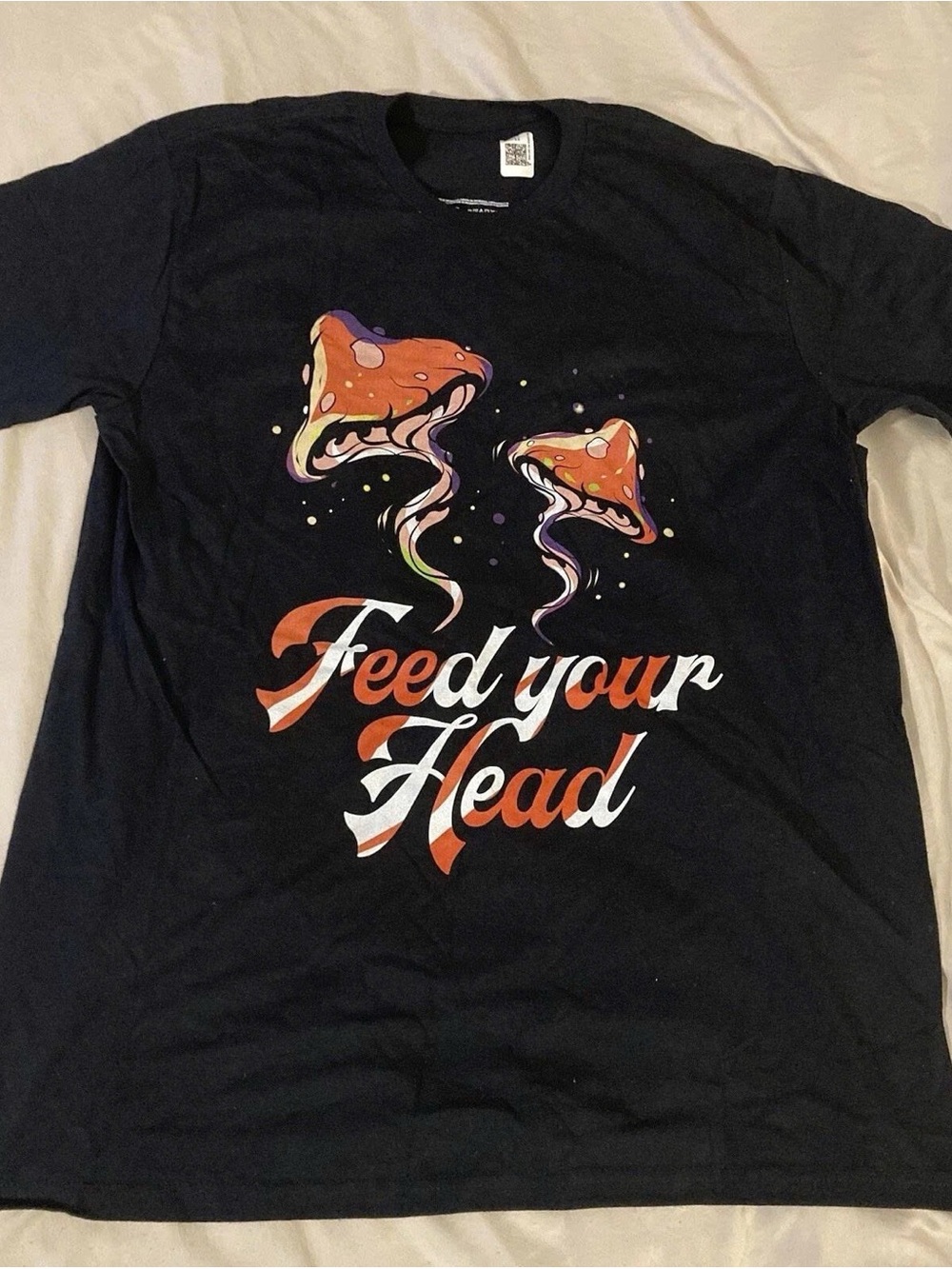 Black 'Feed Your Head' Graphic T-Shirt with Orange Mushroom Design -